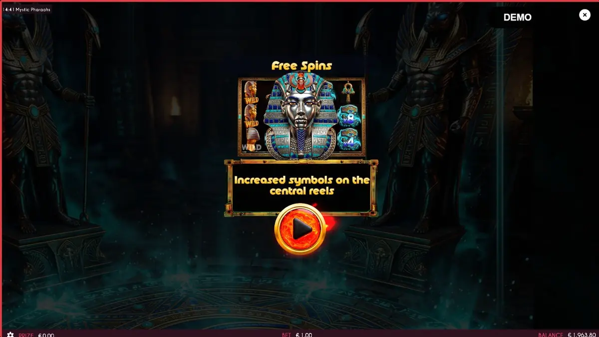 Mystic Pharaohs slot machine reels na may temang sinaunang Ehipto