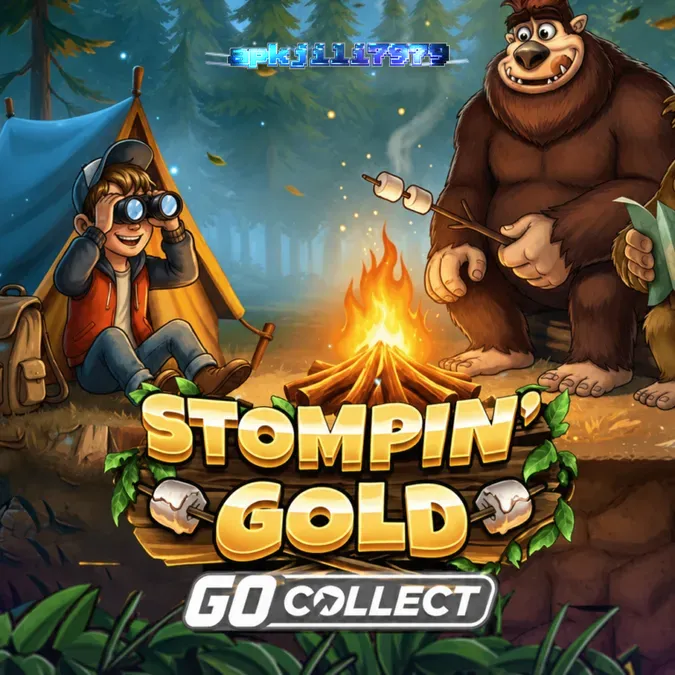 Pemandangan hutan misterius dalam slot Stompin Gold dengan karakter Bigfoot